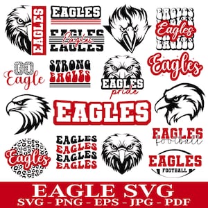 Op de afbeelding: Een set van 12 digitale snijbestanden met verschillende adelaarontwerpen. De ontwerpen omvatten het woord "Eagles" in verschillende lettertypen en stijlen, samen met afbeeldingen van adelaars in verschillende poses. De ontwerpen zijn perfect voor het maken van T-shirts, mokken, draagtassen en andere knutselprojecten.