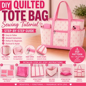 May include: A DIY quilted tote bag sewing tutorial guide featuring a cream and pink floral fabric bag with pink straps, multiple exterior pockets, a front zipper, and six numbered steps showing the construction process from fabric pieces to finish.