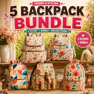 May include: A bundle of five backpacks featuring various floral patterns and one geometric print. The text reads: TRENDY & STYLISH 5 BACKPACK BUNDLE, 5 STYLES 1 BUNDLE ENDLESS CHARM, and 5 DESIGNS 1 BUNDLE. The bags have zippers, straps, and pockets.