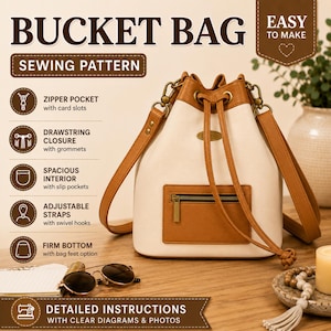 Puede incluir: Un patrón de costura para bolso tipo cubo con cuerpo color crema y detalles en marrón claro, cierre de cordón con ojales, bolsillo exterior con cremallera y correas ajustables con ganchos giratorios. El texto dice BUCKET BAG SEWING PATTERN.