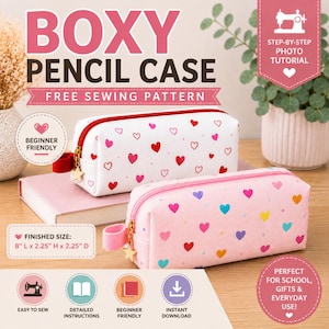 Peut inclure: Deux trousses à crayons rectangulaires avec fermetures éclair et tirettes en forme d'étoile. L'une est blanche avec des cœurs rouges, l'autre rose clair avec des cœurs multicolores. Le texte indique "BOXY PENCIL CASE" et "FINISHED SIZE".