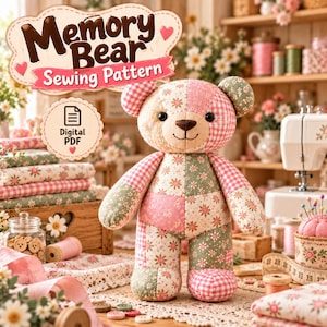 Naaipatroon PDF voor een herinneringsbeer | Patroon voor een aandenken teddybeer | 10 maten 30-53 cm | Herdenkingsbeer van kleding | Patchwork | Konijn & Kat