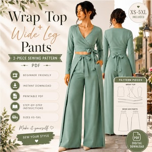 Puede incluir: Un patrón de costura digital para un conjunto de top cruzado y pantalón ancho en color verde salvia. El texto dice Wrap Top + Wide Leg Pants, 2-Piece Sewing Pattern, PDF, Beginner Friendly, Instant Download, Printable PDF, Step-by-Step Instructions, Sizes XS-5XL.