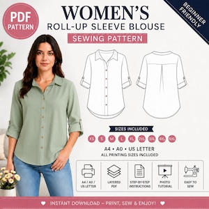 May include: A digital sewing pattern for a roll-up sleeve blouse. The image displays a sage green button-down blouse, a technical line drawing of the front and back, and text indicating sizes XS to 5XL, A4, A0, and US Letter printing formats.