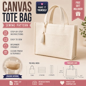 Op de afbeelding: Een naaipatroon voor een canvas tote bag, afgebeeld met een crèmekleurige tas met twee hengsels en een kwastje. De tekst luidt CANVAS TOTE BAG SEWING PATTERN, MAKE IT YOURSELF, inclusief diagrammen met afgewerkte afmetingen van 31,5 bij 26,5 bij 11,5 cm.