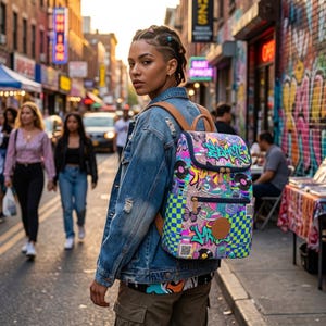 Può includere: Uno zaino colorato con un design in stile graffiti con sneakers, dischi e la parola "SEANCE" in blu e verde. Lo zaino ha un manico e spallacci in pelle marrone e un motivo a scacchi sui lati.