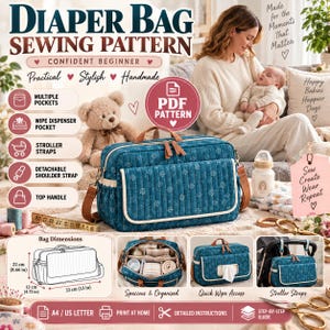 May include: A teal quilted diaper bag sewing pattern featuring a rectangular shape, brown leather-like handles, and a front pocket. The bag includes stroller straps, a wipe dispenser pocket, and internal compartments. Dimensions are 13 inches by 8.66 inches.