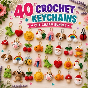May include: A selection of 40 crochet keyrings in diverse shapes, such as animals, fruits, and festive designs. The keyrings are in vibrant colours and feature a variety of details. The text "40 Crochet Keychains Cut Charm Bundle" is at the top.