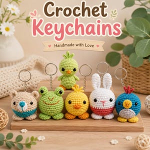 May include: A selection of handmade crochet keyrings in the form of animals, including a bear, frog, chick, bunny, and bird. The keyrings are in various colours, such as beige, green, yellow, white, red, and blue. The text "Crochet Keychains" and "Handmade with Love" are displayed.