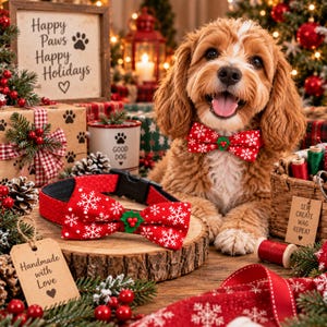 Pode incluir: Uma coleira vermelha para cão com padrão de flocos de neve brancos e laço a condizer com um detalhe de azevinho verde e bagas vermelhas. A coleira está sobre uma fatia de madeira ao lado de uma etiqueta Handmade with Love e um cão.