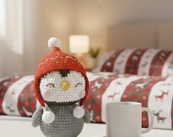 かぎ針編みのペンギンのパターンPDF、編みぐるみのペンギンのパターン、クリスマス編みぐるみ、かぎ針編みのペンギンのクリスマスオーナメント