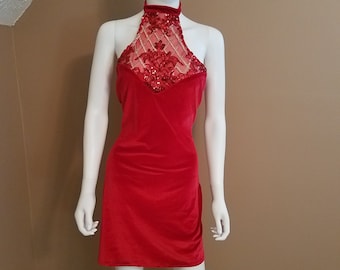Red velvet & sequin halter dress