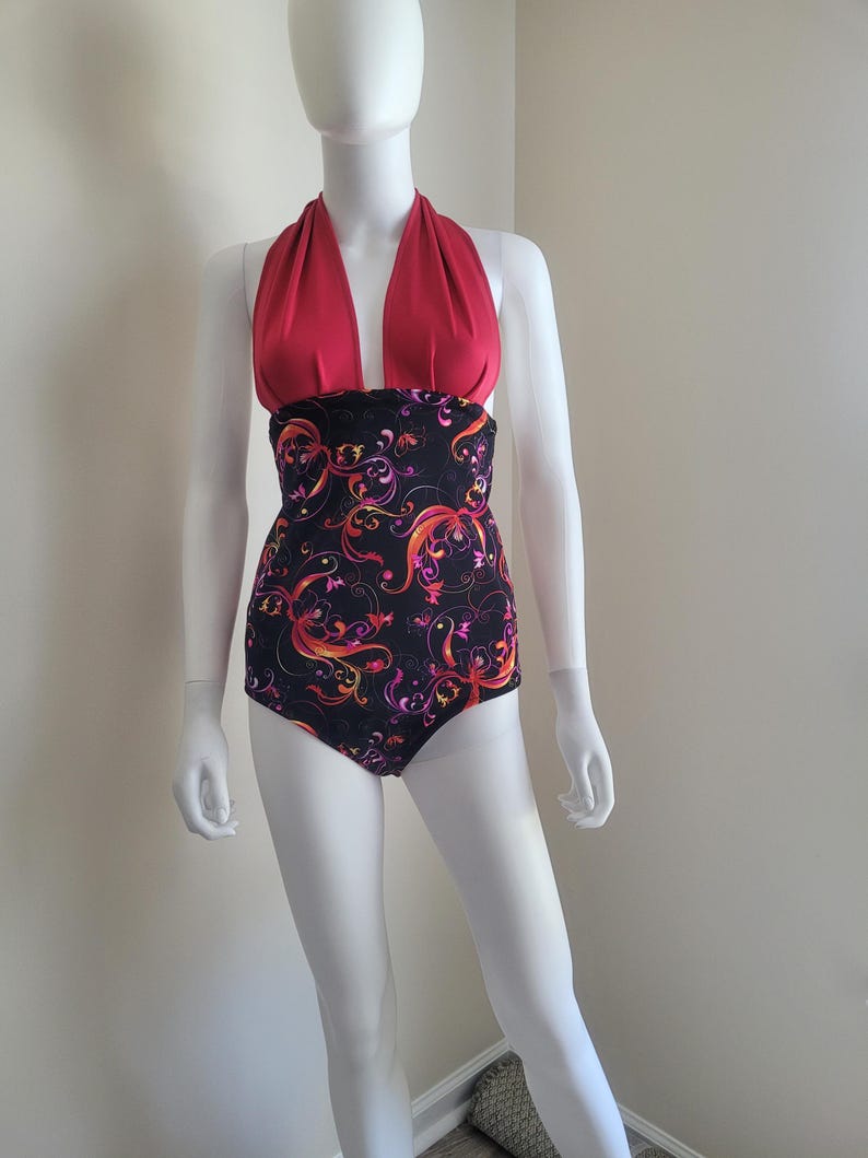 Black and Red Halter Swimsuit - Etsy