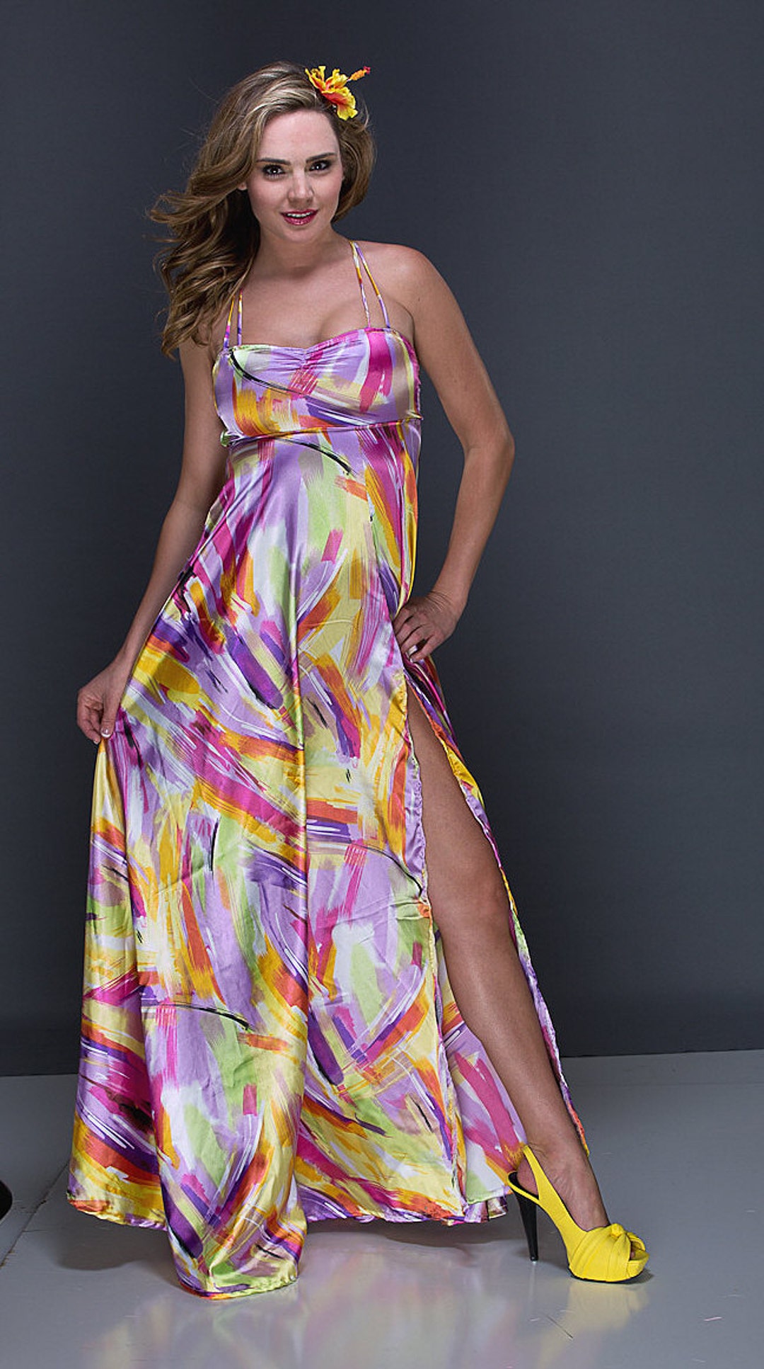Robe longue multicolore avec fente avant - Etsy France