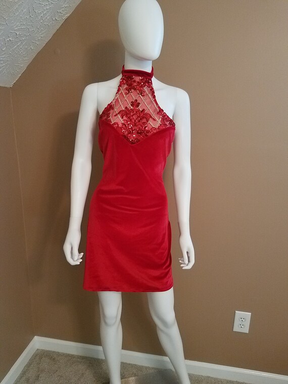 Red velvet & sequin halter dress