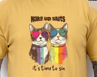 Lustiges LGBT Pride T-Shirt: Retro Katzen, freches Queer Grafik Tee