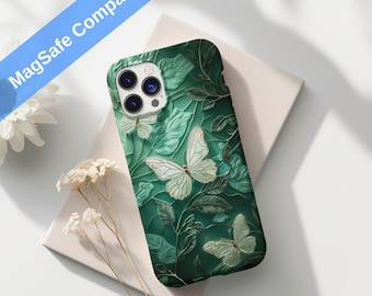 MagSafe iPhone Case, Stained Glass Design, Dark Green Fairytale & White Butterfly, Elegant Magnetic Tough Cover, Gift for Nature Lovers