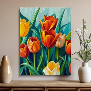 Colorful Spring Flowers Print Tulip Field Print Colorful Flowers Painting Bright Spring Wall Art Flower Garden Cottagecore Botanical Artwork