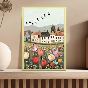 Printable Cute Spring Wall Art, Spring Village Art, Spring Farmhouse Decor, Tulip Spring Town Canva, Digital Download