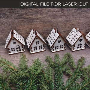 Juego de adornos navideños 3D con forma de casa, archivo para corte láser (descarga digital)
