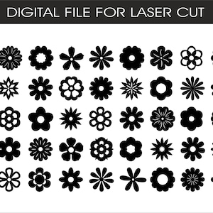 Könnte beinhalten: Schwarz-weiße digitale Datei für Laserschnitt mit verschiedenen Blumenmustern. Das Bild enthält den Text "DIGITAL FILE FOR LASER CUT" oben und Dateityp-Abkürzungen auf der linken Seite, wie PDF, EPS, PNG, SVG, DXF und CDR.