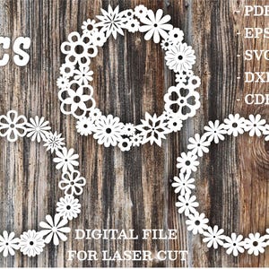 Könnte beinhalten: Drei weiße Blumenkranz-Designs, angeordnet als digitale Datei für den Laserschnitt. Der Text 3PCS steht links, der Text PDF, EPS, SVG, DXF, CDR steht rechts. Der Text DIGITAL FILE FOR LASER CUT befindet sich unten in der Mitte.