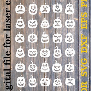 May include: A digital file for laser cut containing a collection of thirty-five white pumpkin silhouettes with various carved jack-o'-lantern facial expressions arranged in seven rows of five, with the text Digital file for laser cut CDR SVG DXF EPS PDF.
