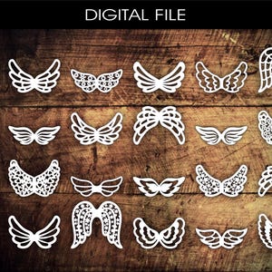Może przedstawiać: Plik cyfrowy przedstawiający różne białe wzory skrzydeł anioła. Skrzydła różnią się stylem, od prostych konturów po skomplikowane wzory. Obraz jest ustawiony na rustykalnym, drewnianym tle, z takimi skrótami typów plików jak PDF, EPS i PNG.