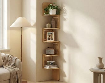 5-Tier Corner Shelf Wall Mounted, Zigzag Floating Shelf, Space-Saving Boho Unit