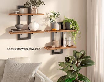 Rustic Floating Shelves: 2-Tier Brown Wood & Black Metal - Set of 2