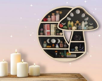 Whimsical Mushroom Moon Shelf: Wooden Crystal Display