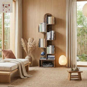 May include: A rustic, wooden bookshelf with multiple shelves, filled with books of various sizes and colors. The bookshelf is positioned against a light brown wooden wall. A small globe and decorative lamp are also visible.