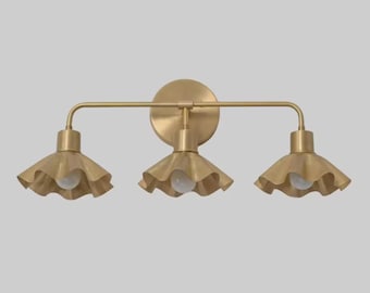 Brass 3-Light Flower Shade Vanity Lamp - Mid Century Wall Sconce Lamp Raw Brass Finish - Italian Fixtures Bedroom Mirror Lights Handmade
