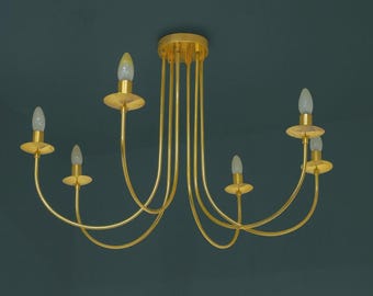 Kasteelkroonluchter van geborsteld messing | Handgemaakte 6-armige plafondlamp