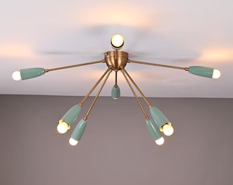 Lámpara de techo Sputnik de mediados de siglo: color verde menta y latón, 8 luces.