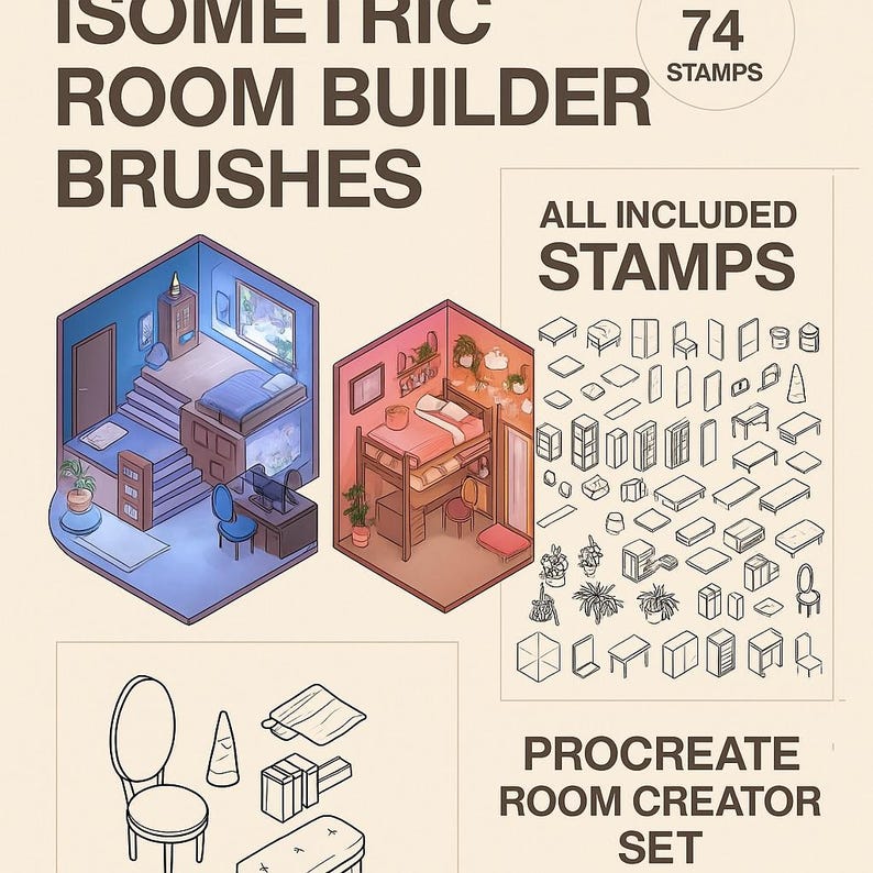 Procreate Isometric Room Builder Brushes | 74 Interior Design Stamps ...