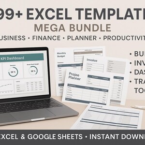 Op de afbeelding: Een laptop met een KPI-dashboard, omringd door afgedrukte Excel-sjablonen. De afbeelding bevat de tekst "999+ Excel Templates Mega Bundle" en bevat functies zoals budget- en factuurtools. De sjablonen zijn voor Excel en Google Sheets.