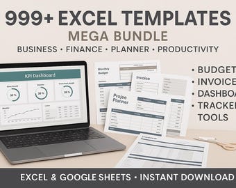 May include: A laptop displaying a KPI dashboard, surrounded by printed Excel templates. The image includes the text "999+ Excel Templates Mega Bundle" and lists features like budget and invoice tools. The templates are for Excel and Google Sheets.