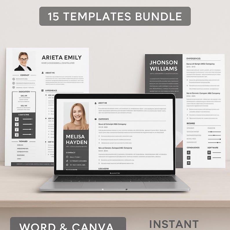 Resume Templates Bundle | 15 Modern CV Designs, Word & Canva (instant ...
