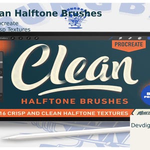 Könnte beinhalten: Ein digitales Tablet zeigt "Clean Halftone Brushes" für Procreate. Der Bildschirm zeigt das Wort "Clean" in einem Vintage-Stil, darunter "Halftone Brushes". Ein weißer Stift liegt unter dem Tablet. Der Text "16 Crisp Textures" ist ebenfalls enthalten.