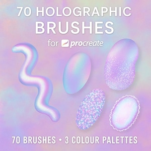 Op de afbeelding: Afbeelding met 70 holografische penselen voor Procreate. Het ontwerp toont diverse vormen en texturen in iriserende kleuren, waaronder een golvende lijn, ovalen en glittervormen. De tekst geeft 70 penselen en 3 kleurenpaletten aan.
