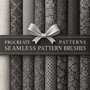 Könnte beinhalten: Eine Sammlung von Procreate-Nahtlos-Musterpinseln mit verschiedenen floralen und geometrischen Designs in Graustufen. Eine silberne Schleife schmückt die Oberseite des Bildes, mit dem Text "Procreate Patterns Seamless Pattern Brushes" auf einem dunkelgrauen Banner.