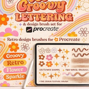 May include: A digital art design set for Procreate with a 70s groovy lettering theme. The image features a tablet displaying design brushes, including flower stamps and wavy brushes, along with a stylus and the words "Groovy", "Retro", "Flower", and "Sparkle".