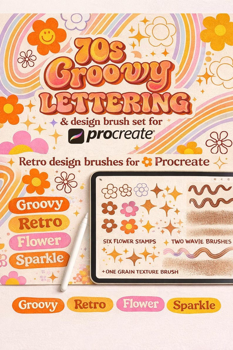 70s Groovy Lettering Procreate Brush Set | Retro Design, Flower Stamps ...
