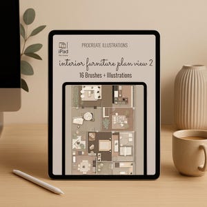 Könnte beinhalten: Ein digitales Tablet zeigt eine Procreate-Illustration einer Innenraum-Möbelansicht. Der Bildschirm zeigt einen detaillierten Grundriss mit Möbelanordnungen. Der Text auf dem Bildschirm lautet "interior furniture plan view 2" und "16 Brushes + Illustrations."
