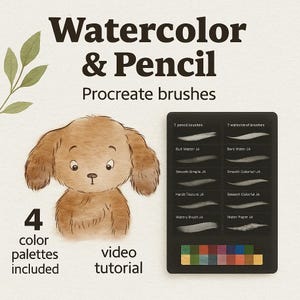 Op de afbeelding: Digitale kunstpenselen voor Procreate, met aquarel- en potloodpenselen. De afbeelding toont een cartoonhond, een paneel met penseelopties en de tekst "4 kleurenpaletten inbegrepen" en "videotutorial".
