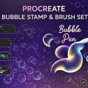 May include: Digital art set for Procreate featuring bubble stamps and brushes. The image shows a purple background with bubbles, the text "PROCREATE BUBBLE STAMP & BRUSH SET", and a stylus interacting with a bubble design.