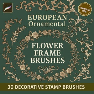 Europeiska blomram Procreate-penslar | Dekorativ kantuppsättning | Vintage barockpensel | Procreate-stämpel