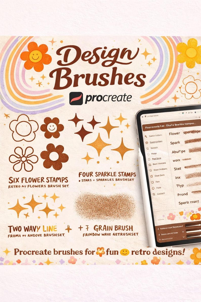 70s Groovy Lettering Procreate Brush Set | Retro Design, Flower Stamps ...