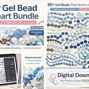 May include: Digital download of a gel bead clipart bundle with over 80 designs. Includes PNG clipart and Procreate brushes. The image features various bead designs in shades of blue, brown, and white, with the text "80+ Gel Bead Clipart Bundle".